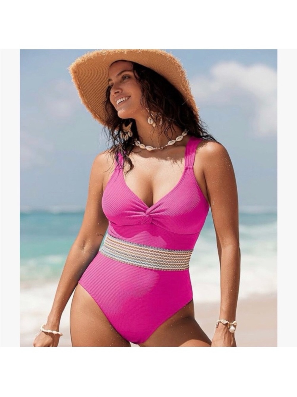 Pink Twist Front One-Piece Swimsuit with Patterned Waistband